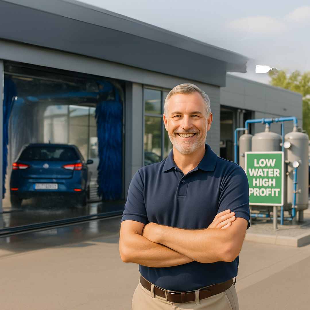 Smiling man standing with arms crossed in front of an automatic car wash.
