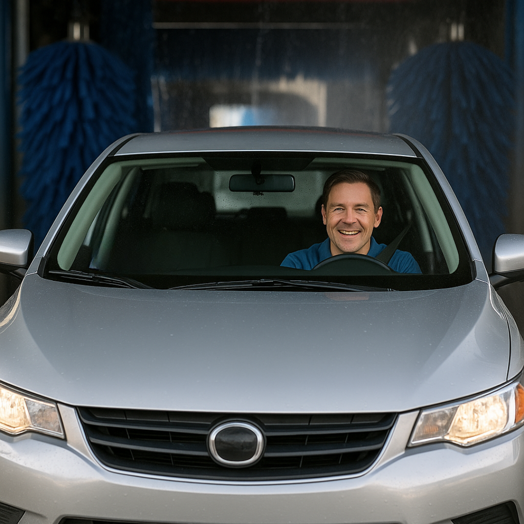 Front view of a silver car with a man smiling at the wheel as the vehicle passes through an automatic car wash with blue rotating brushes in the background.