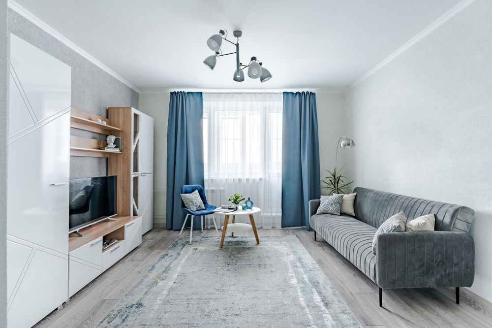 Bright living room with gray sofa, blue curtains, TV unit, and a small coffee table on a light rug.