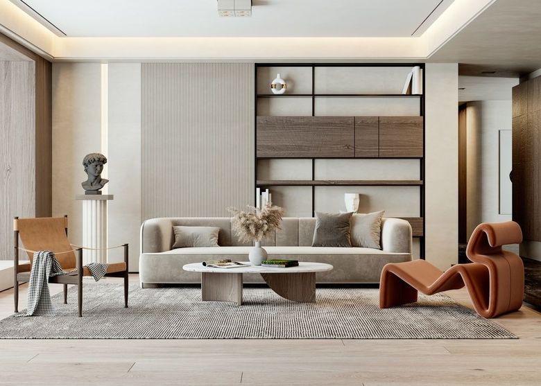 Modern minimalist living room with beige sofa, sculptural chair, coffee table, and open shelving