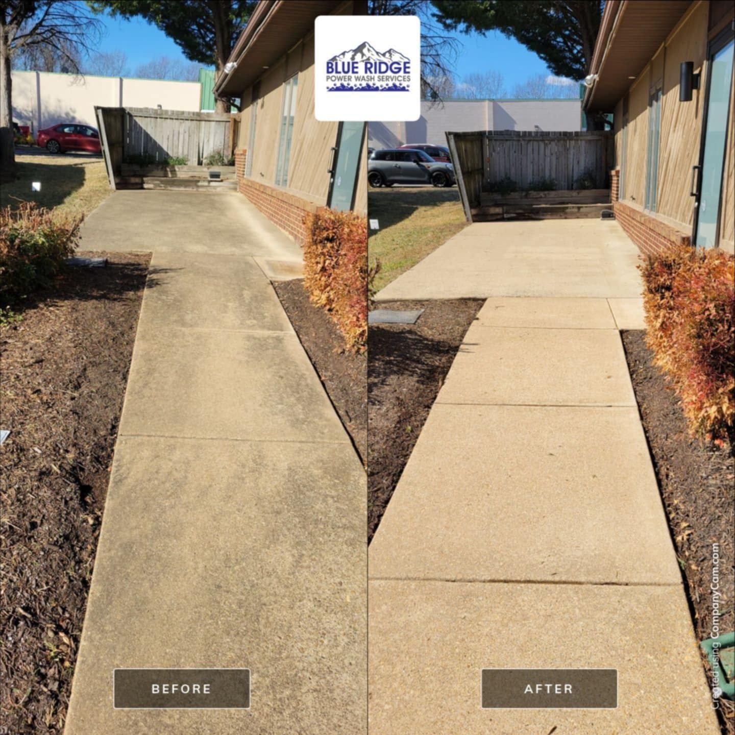 A before and after photo of a concrete walkway