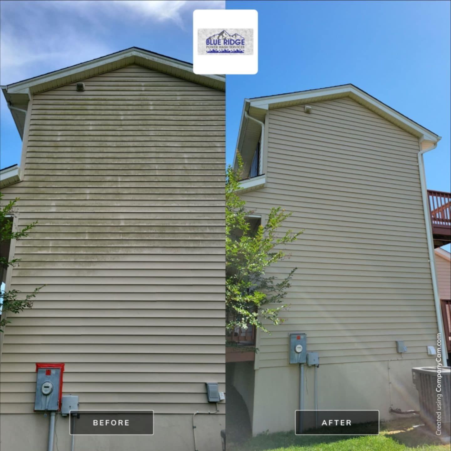 A before and after photo of a house 's siding being cleaned.