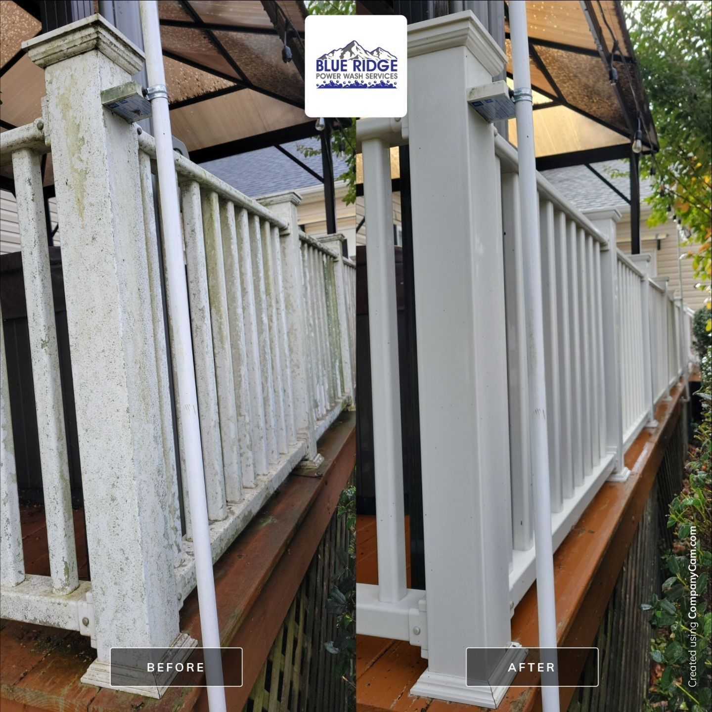 A before and after photo of a white railing on a deck