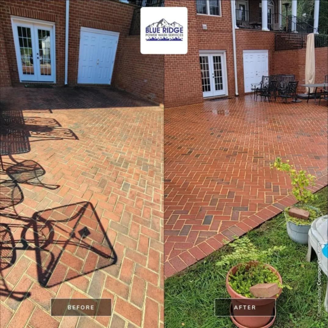 A before and after photo of a brick patio.