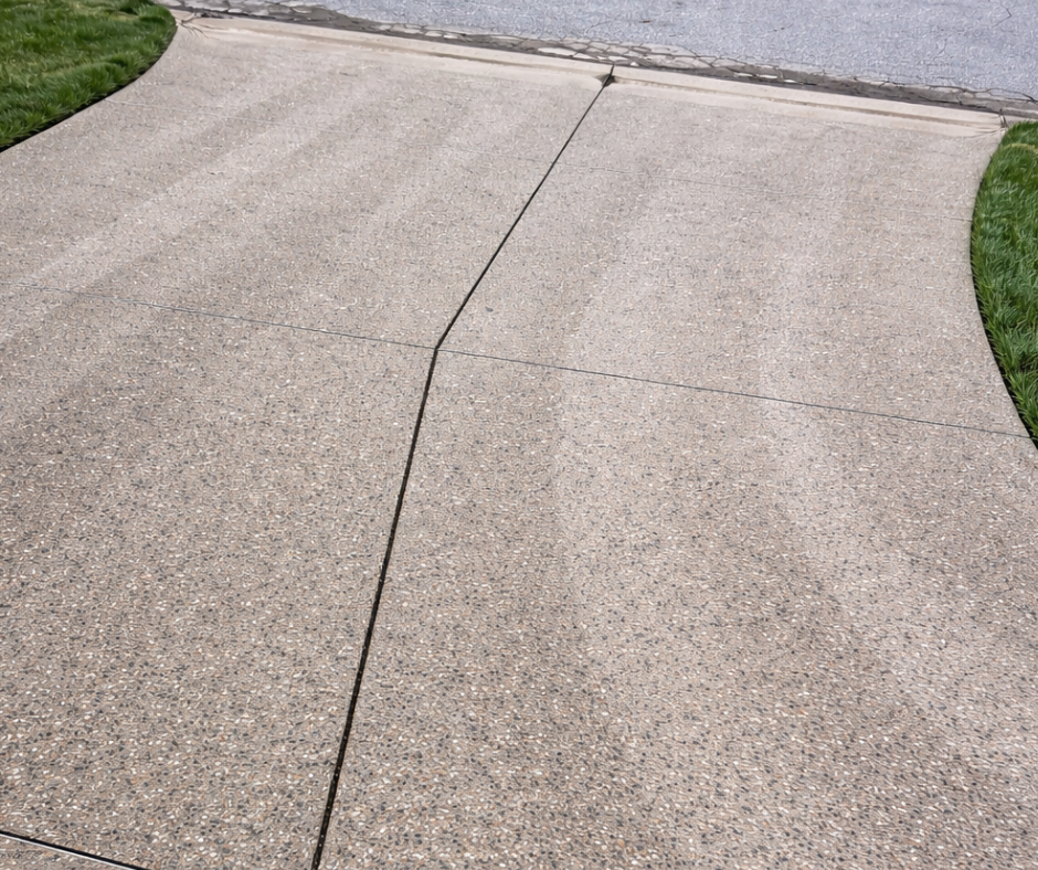 Concrete driveway leading from street, bordered by grass.