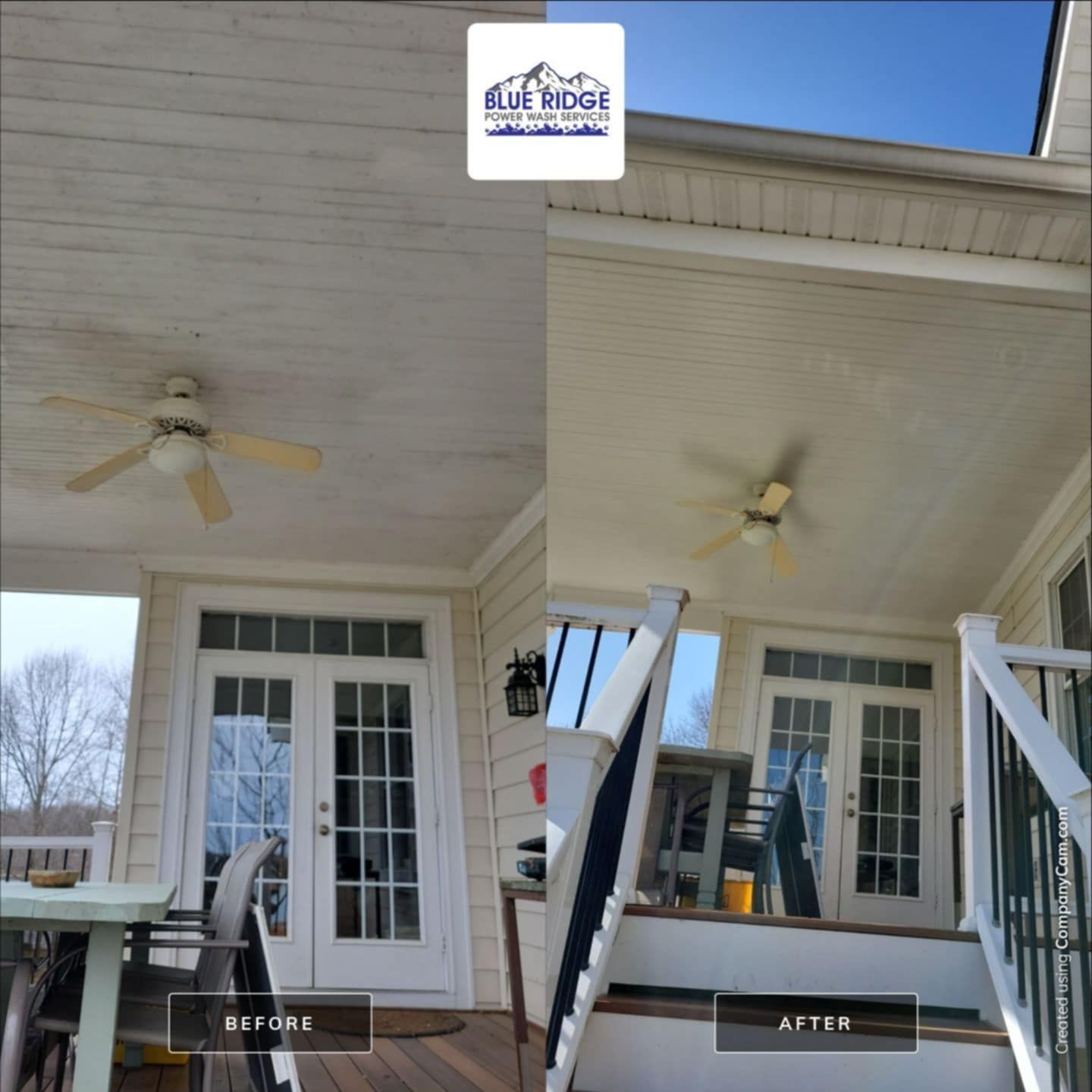 A before and after photo of a porch with a ceiling fan