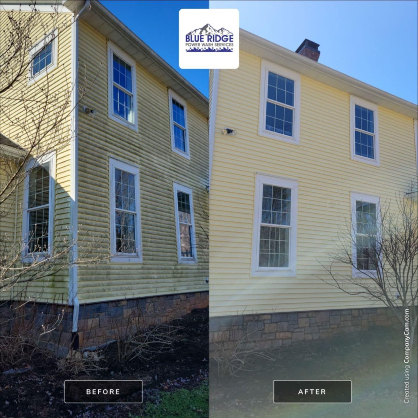 A before and after photo of a yellow house