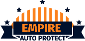a logo for empire auto protect with a ribbon and stars .