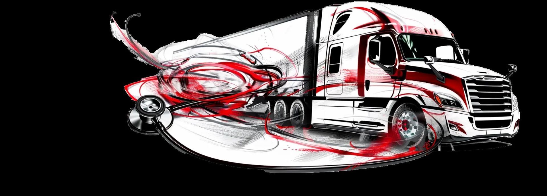 A white and red semi truck is driving on a black background.