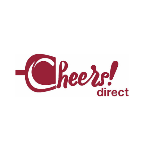 Logo for Cheers! direct, featuring a stylized wine glass and the words