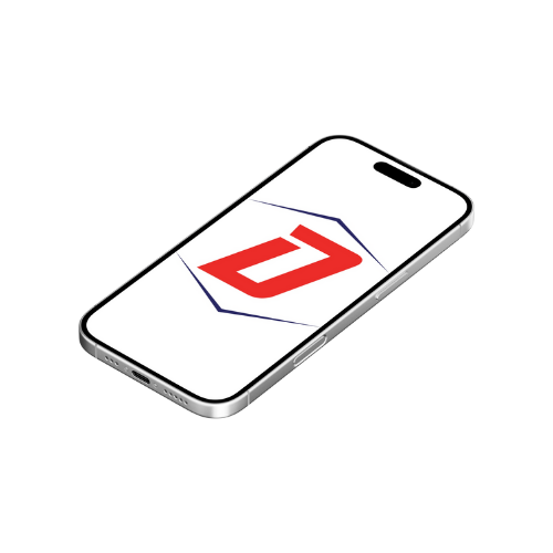 Silver smartphone tilted, with red and blue logo on screen.