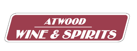 Logo for Atwood Wine & Spirits, white text on maroon background, in a rounded rectangle.