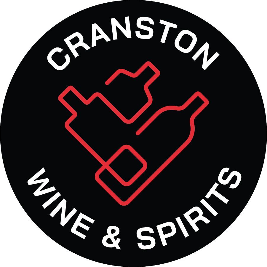 Logo for Cranston Wine & Spirits: Black circle with white text, red outline of two bottles.