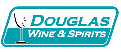 Logo for Douglas Wine & Spirits: teal rectangle with a wine glass icon, text