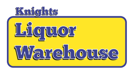 Knights Liquor Warehouse logo with yellow rectangle, blue text and outline.