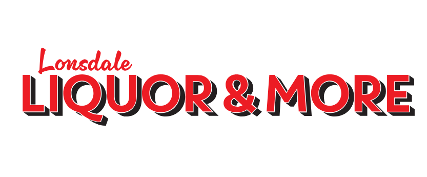 Logo for Lonsdale Liquor & More, red text with black shadows.
