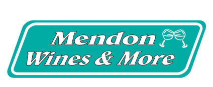 Mendon Wines & More logo on a turquoise sign with wine glasses.