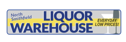 Logo for North Smithfield Liquor Warehouse, blue text on a gray background, yellow underline, with
