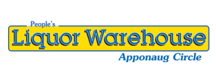 Logo for People's Liquor Warehouse, yellow background with blue text,