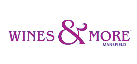 Logo for Wines & More in Mansfield, purple text on white: