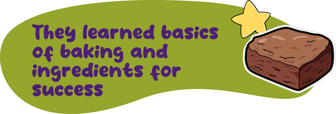 Green oval with text about baking basics, brownie, and a star.