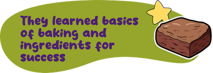 Green oval with text about baking basics, brownie, and a star.