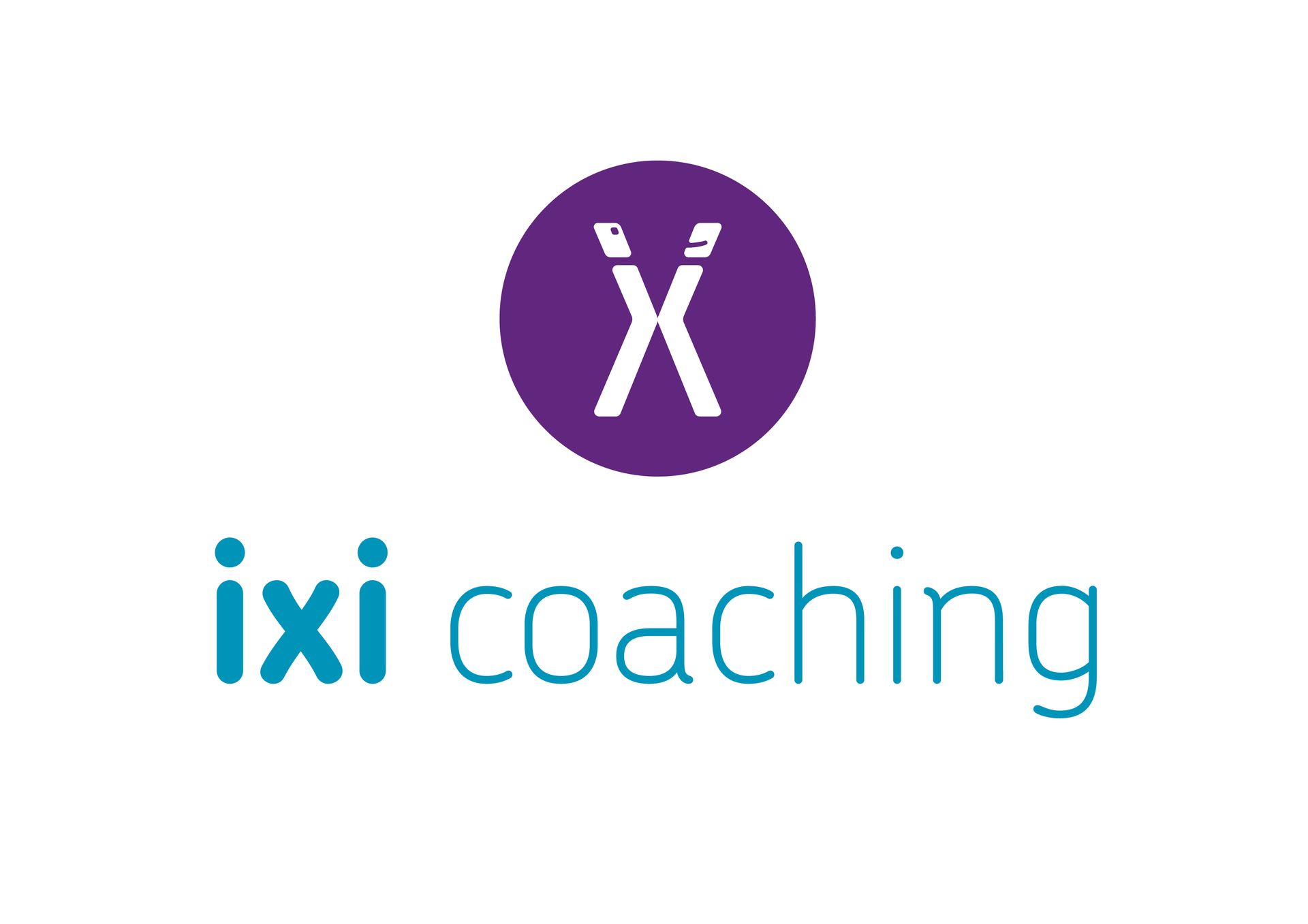Het logo voor ixi coaching is blauw en paars op een witte achtergrond.