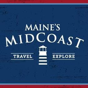 Maine 's midcoast travel explore logo with a lighthouse on a blue background.