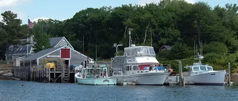 A row of boats are docked in a harbor