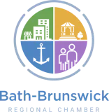 The bath-brunswick regional chamber logo is a colorful circle with buildings and people in it.