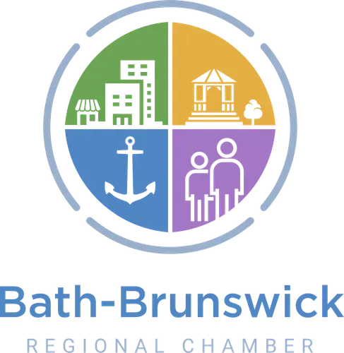 The bath-brunswick regional chamber logo is a colorful circle with buildings and people in it.