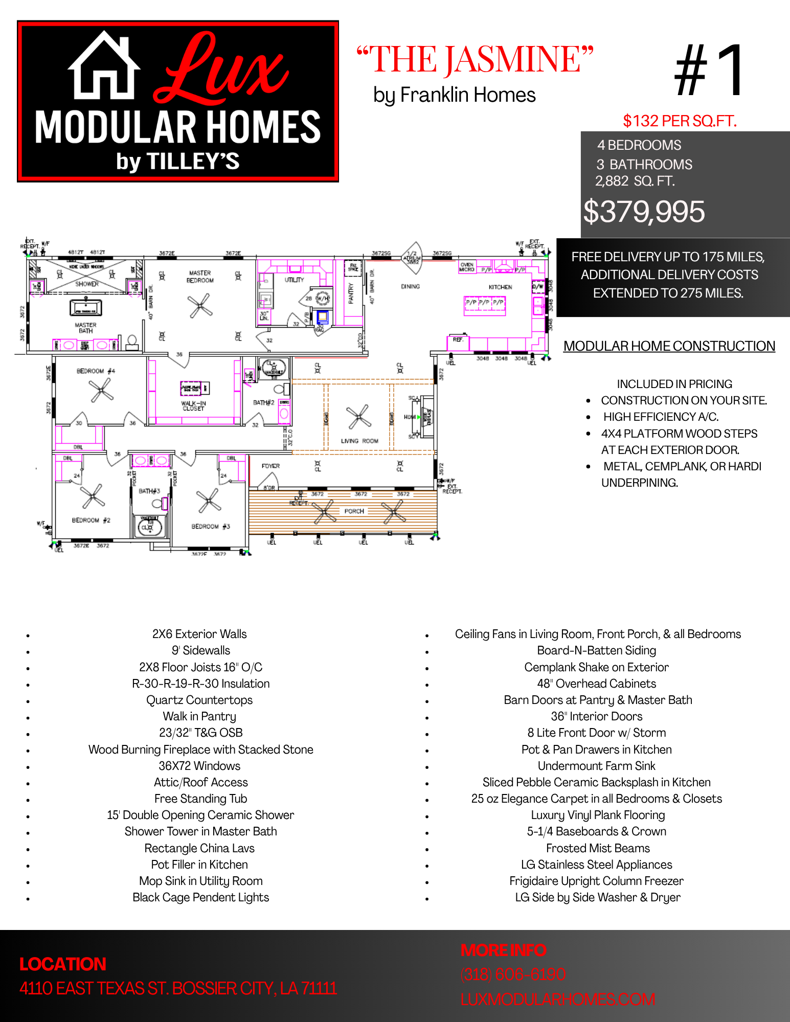 Real estate flyer for The Jasmine modular home with floor plan, price, and home details on white background