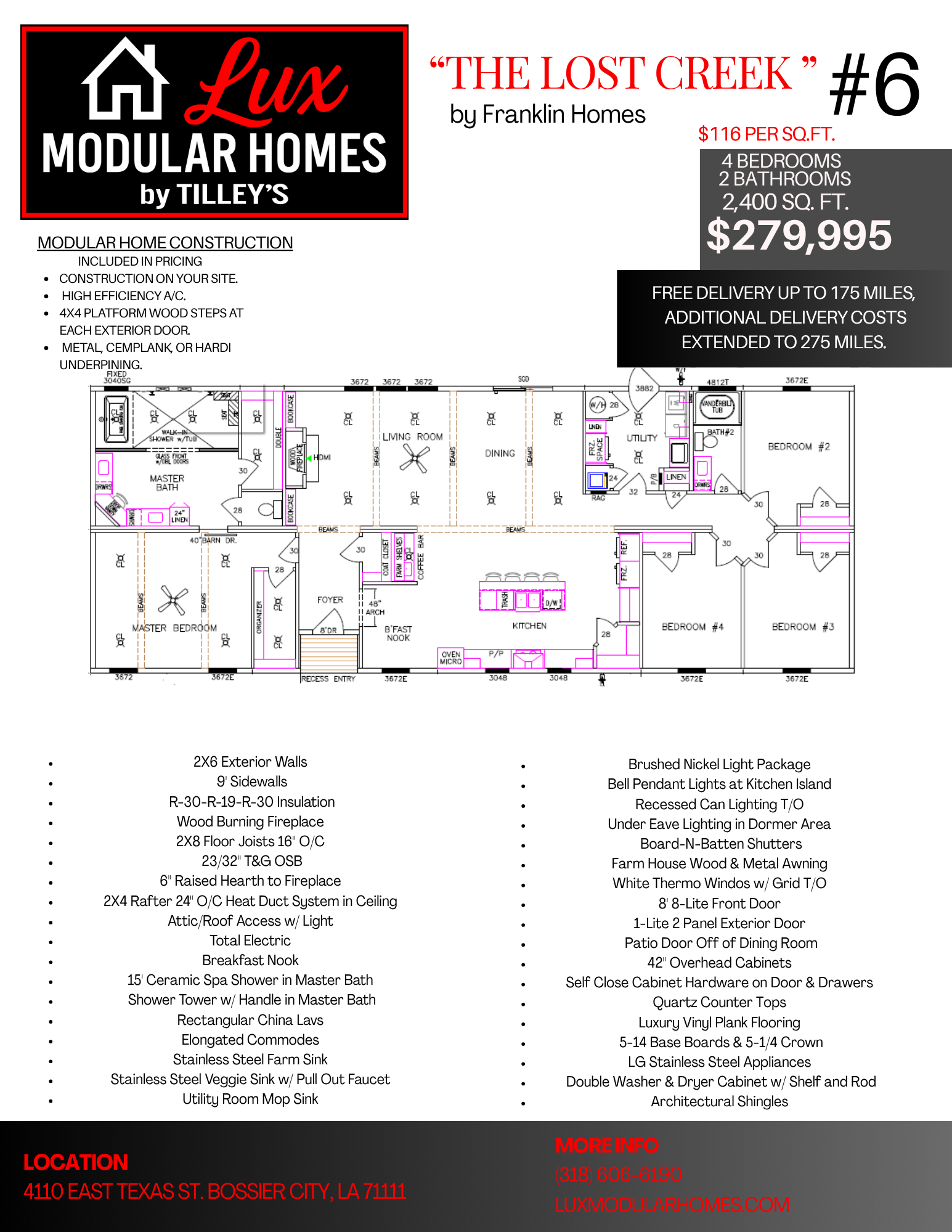 Floor plan brochure for Lux Modular Homes “The Lost Creek” #6 with $279,995 price and two-bedroom layout