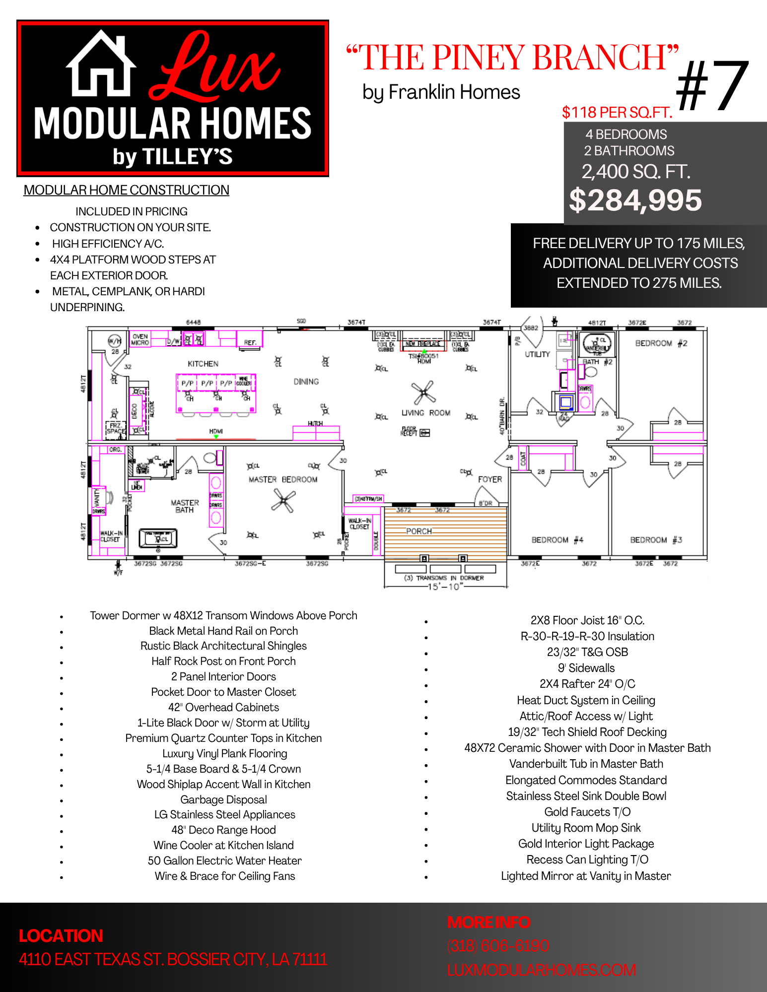 Modular home floor plan ad for “The Piney Branch” with layout diagrams and pricing details