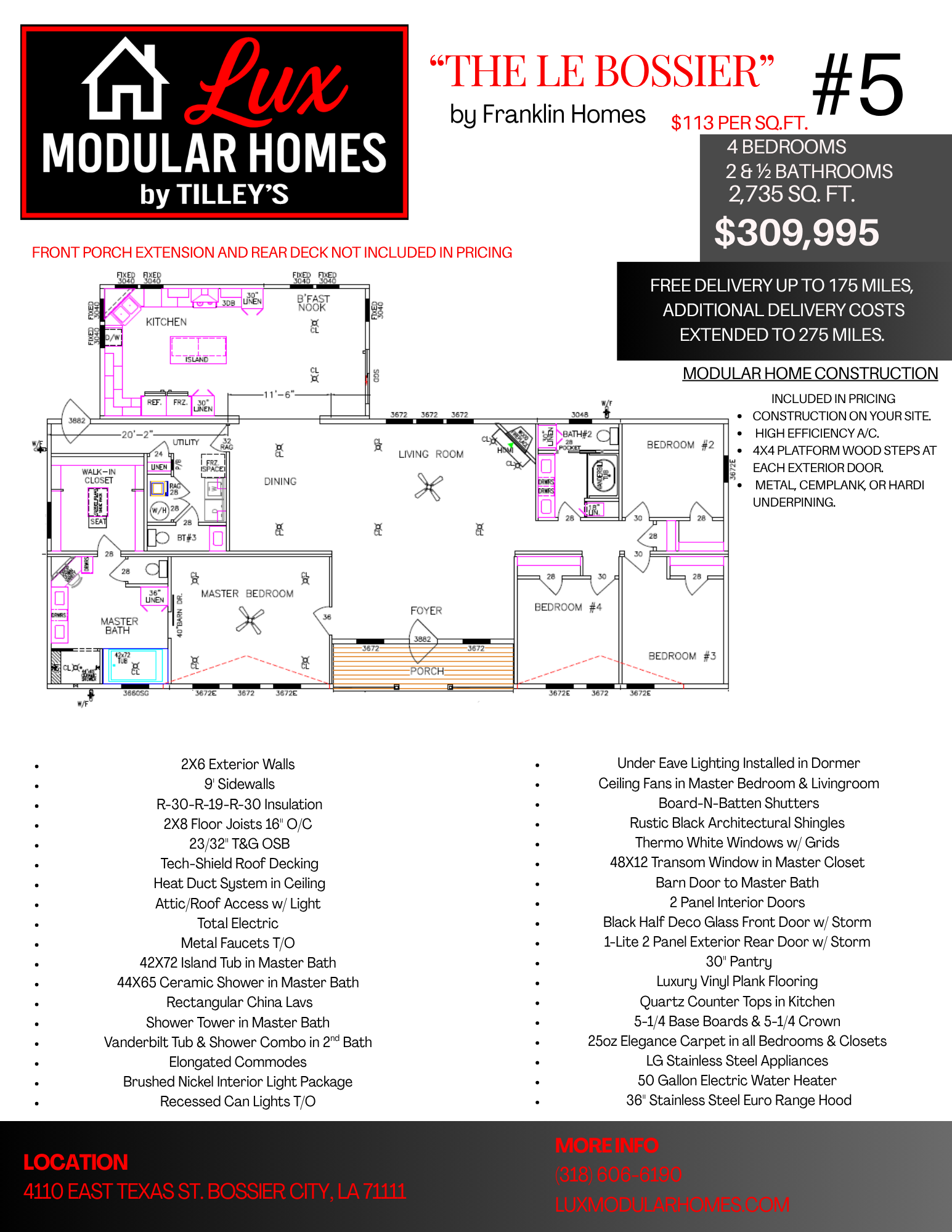 Luxury modular home floor plan flyer with black, red, and white text, showing layouts and pricing.