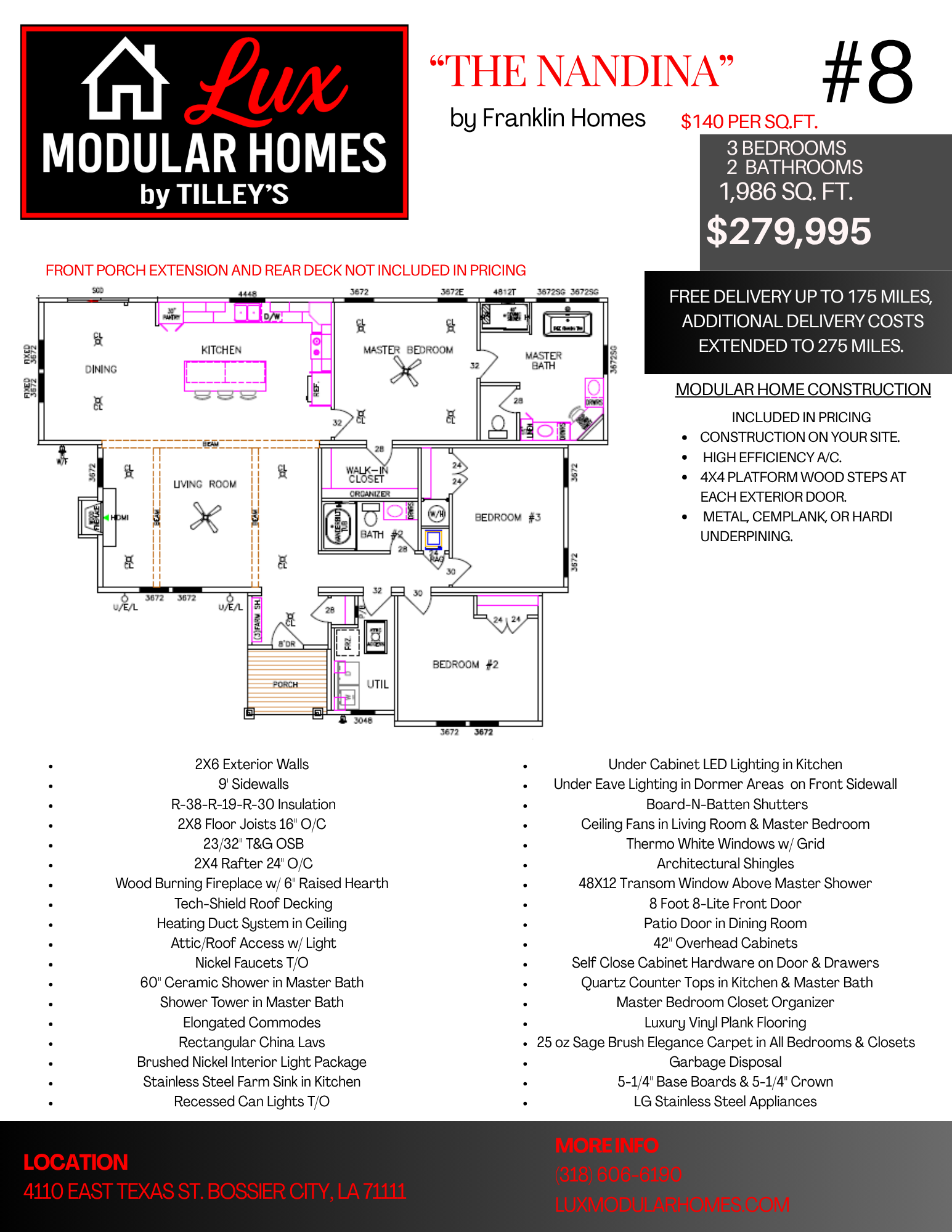 Modular home floor plan flyer with black, white, red accents and price listing.