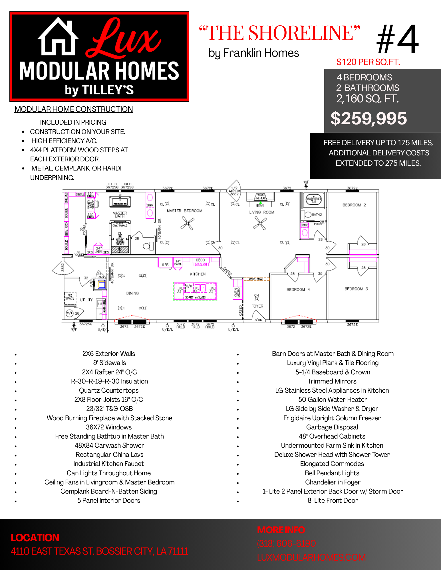 Luxury modular home floor plan ad with “The Shoreline” model and price $259,995.
