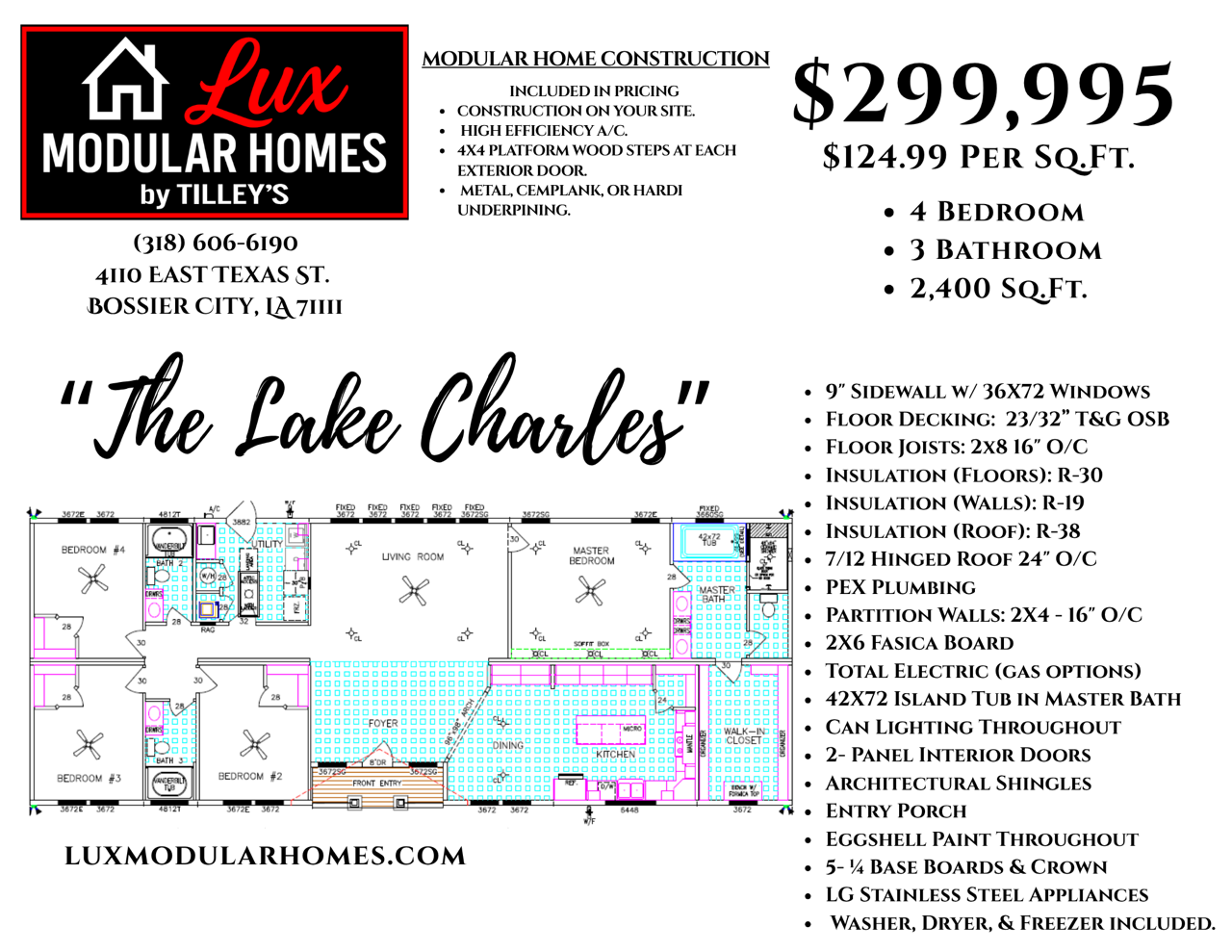 Modular home floor plan flyer with black, white, red accents and price listing.