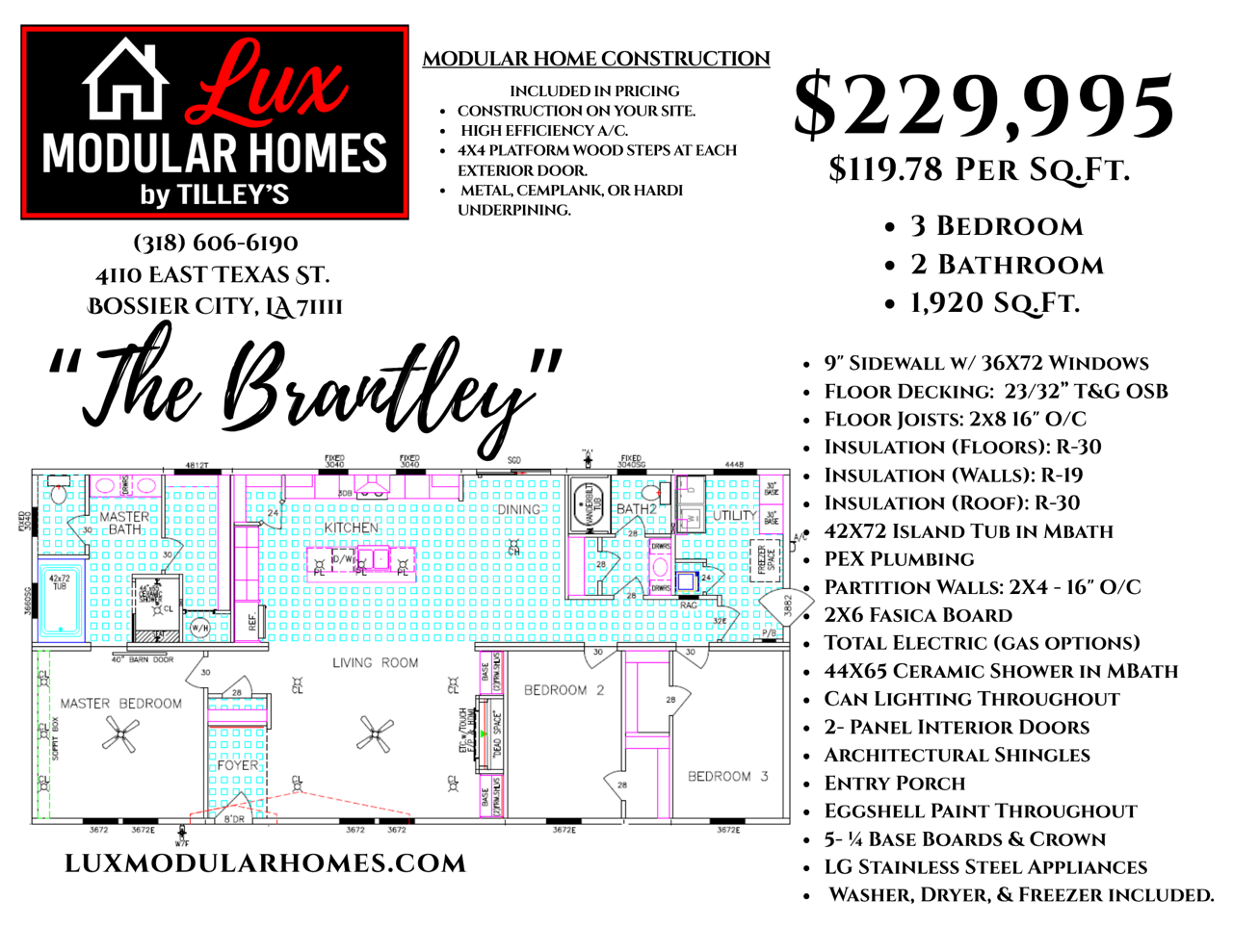 Modular home floor plan flyer with black, white, red accents and price listing.