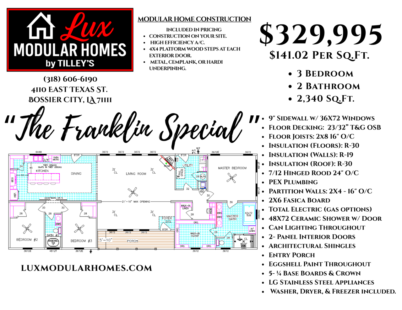 Modular home floor plan flyer with black, white, red accents and price listing.