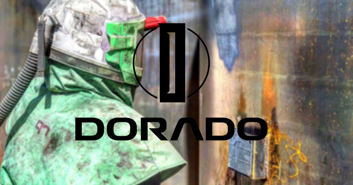 A close up of a person wearing a mask and a dorado logo.
