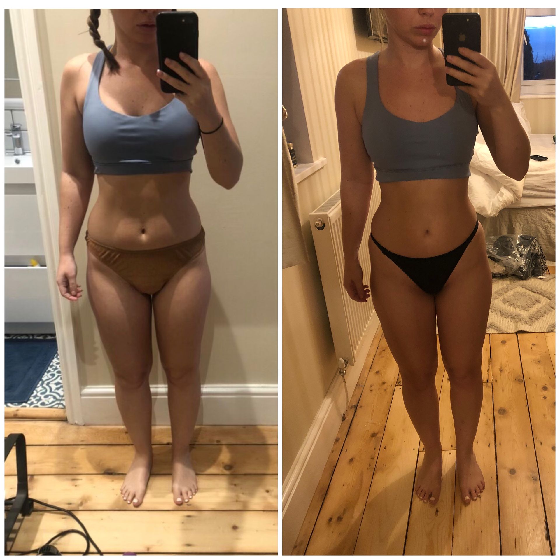 Woman's body transformation: Before in brown underwear, after in black. Both wearing blue sports bras, in different rooms.