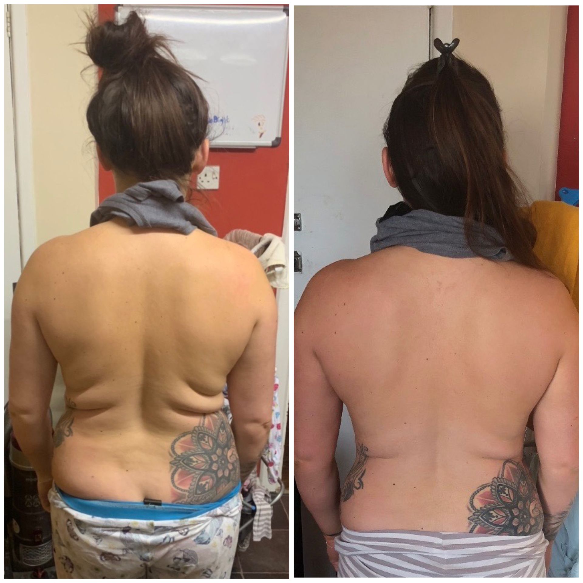 Two photos of a person's back. Left shows more back fat, right shows less. Both have a tattoo and hair up.