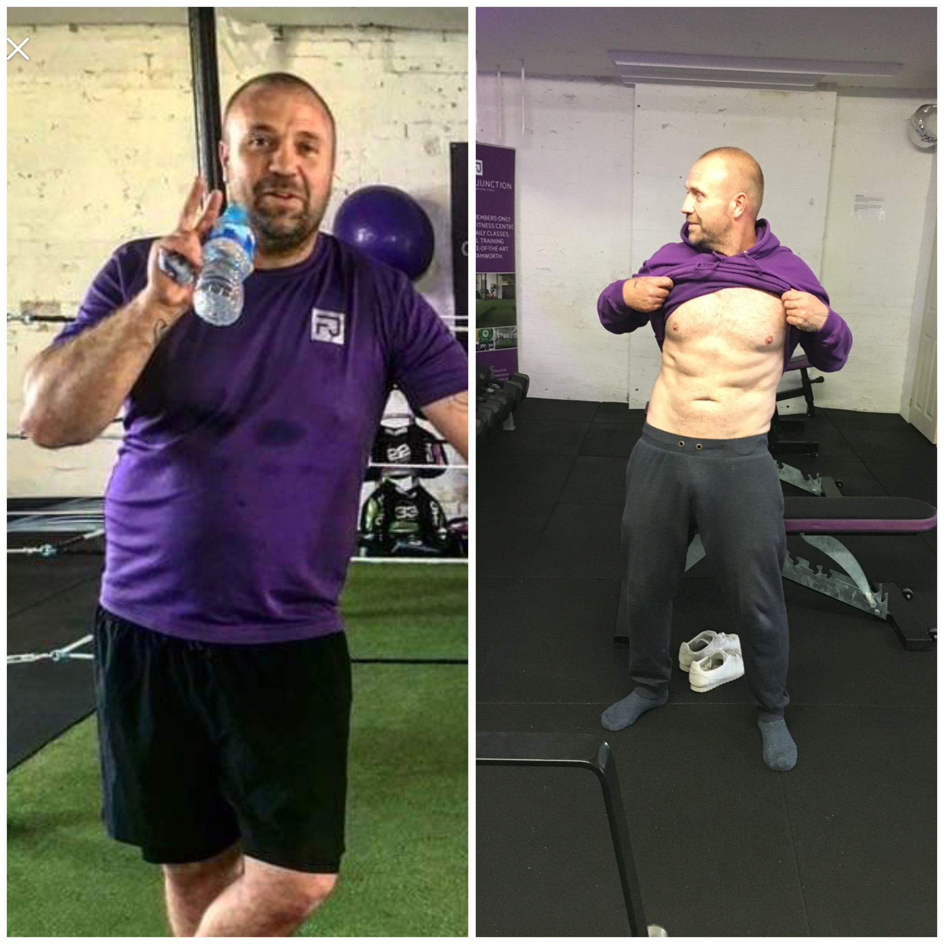 Side-by-side comparison of a man, before and after weight loss. Purple shirt, holding water, in gym, with a lean stomach.