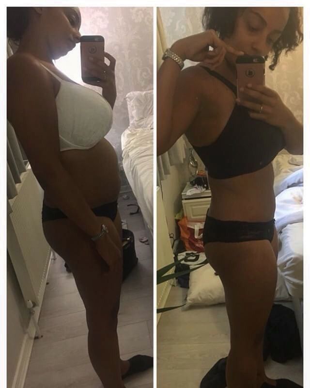Comparison of a person's side profile before and after fitness. The person in each photo is in a bra and underwear, holding a phone.