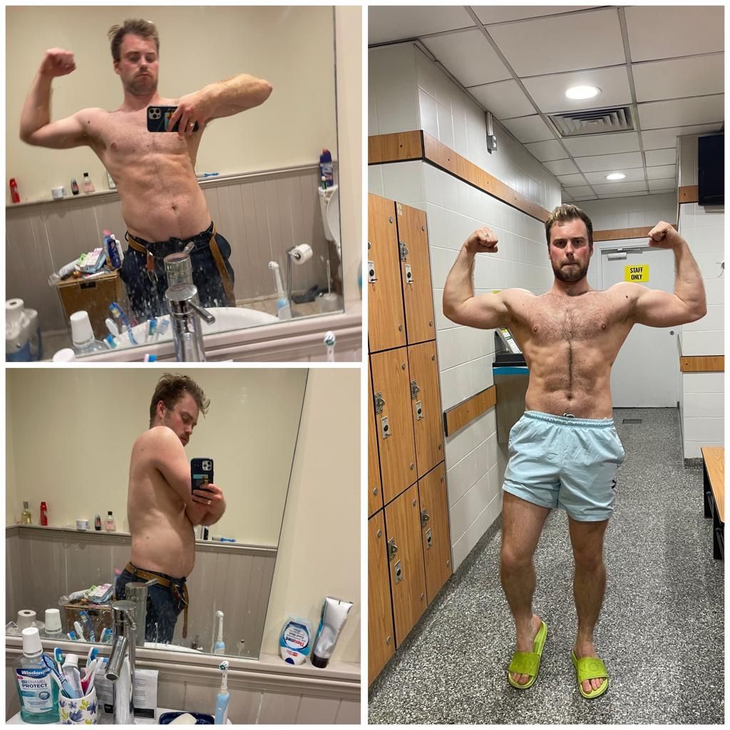 Transformation comparison: Man flexing muscles in bathroom mirror, then in a locker room.