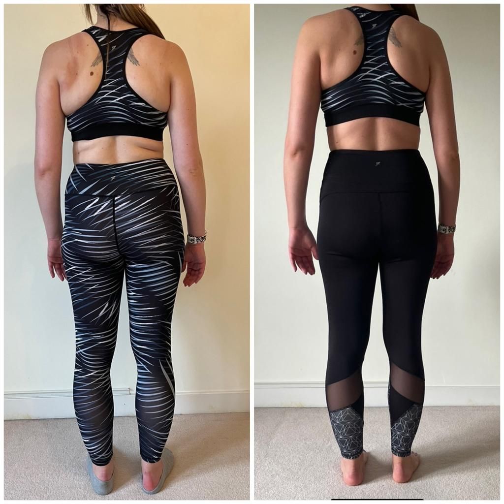 Two photos comparing a person's back. Before, in patterned activewear. After, in black activewear; slimmer appearance.