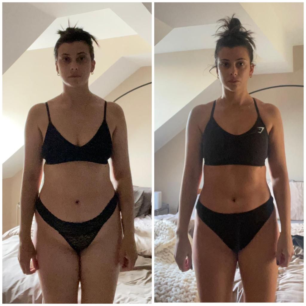 Weight loss transformation: Woman in black lingerie, before and after photos. Noticeable muscle definition, lighter skin tone.