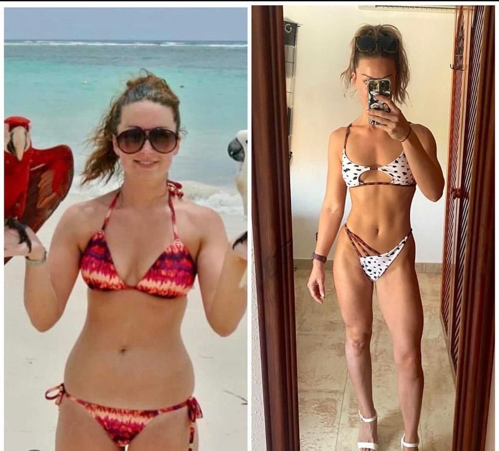Side-by-side comparison of a person in a bikini. Before on the beach, after in a mirror, showing a change in physique.