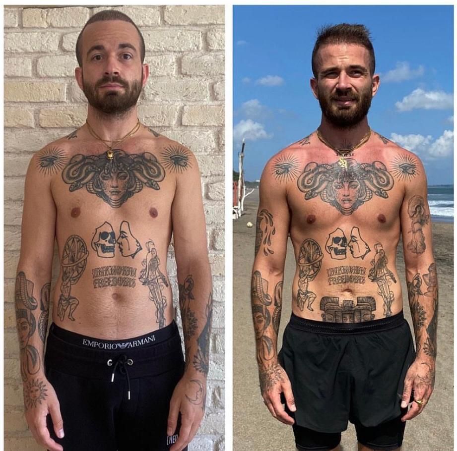 Side-by-side comparison of a man, same tattoos, before wearing dark pants, and after wearing black shorts on a beach.